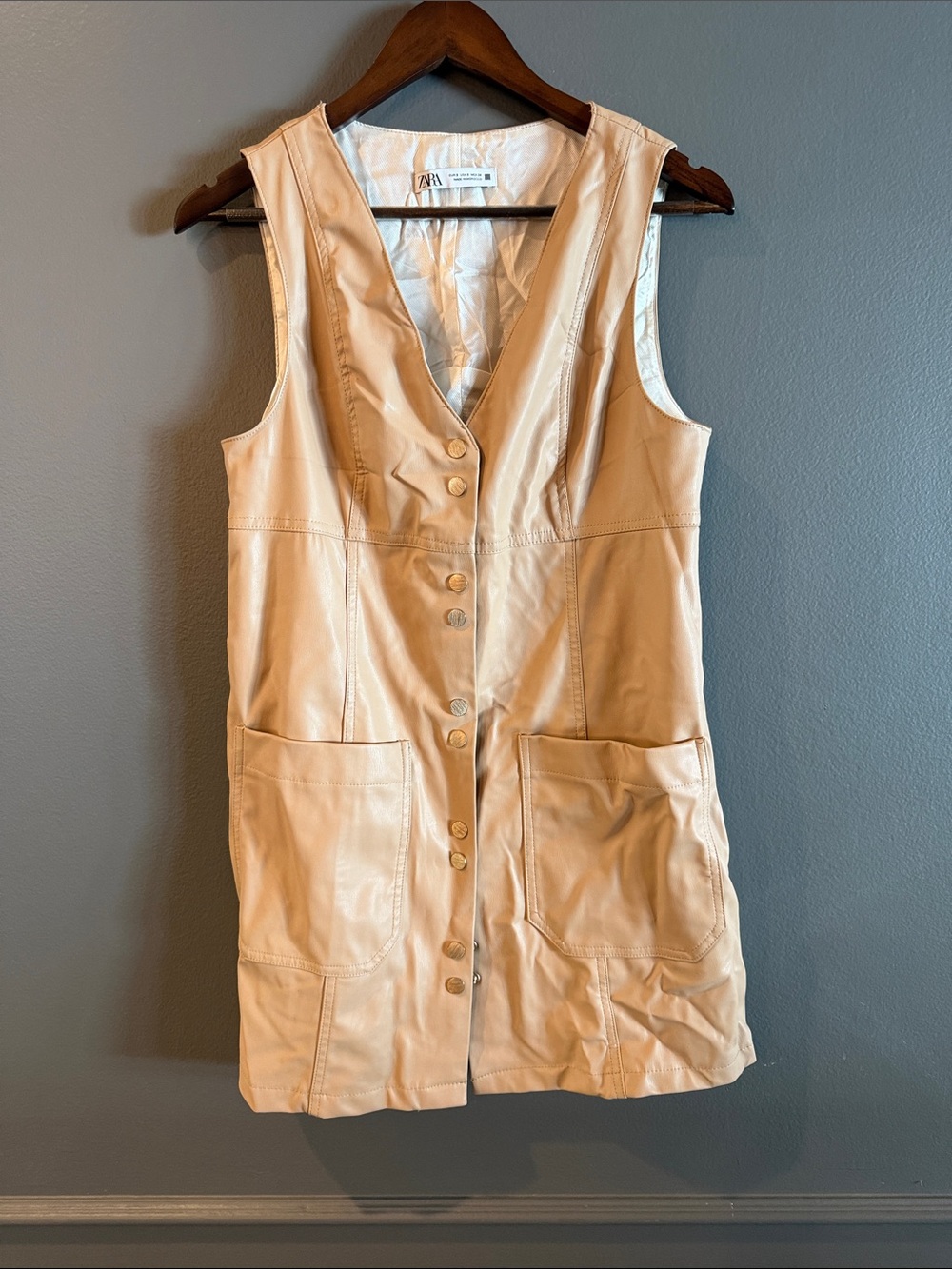 Zara Cream Faux Leather Sleeveless Button Tunic